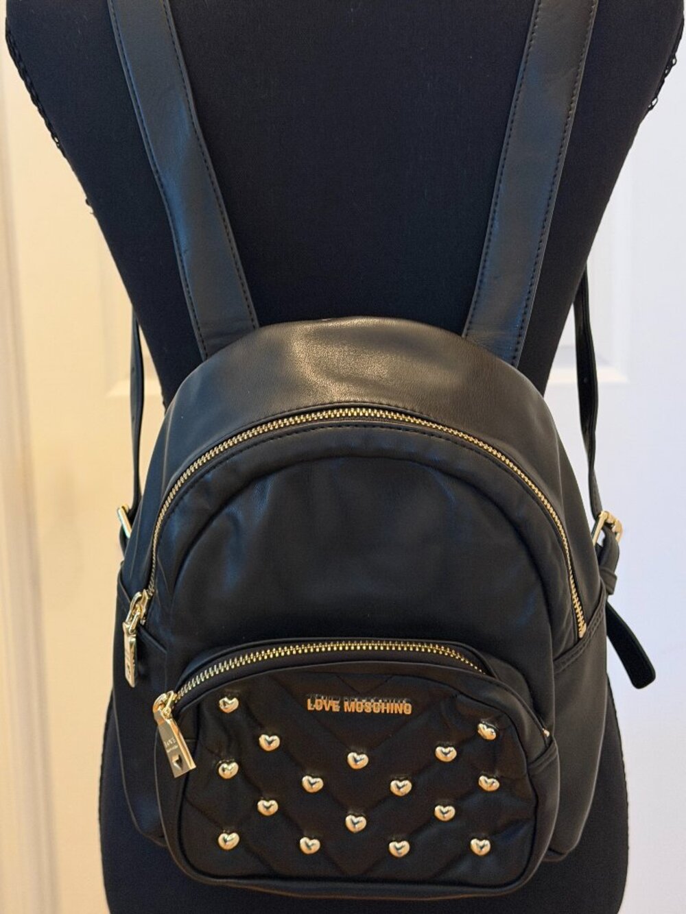Love Moschino Black Mini Backpack Gold Heart Studs Quilted faux Borsa Leather